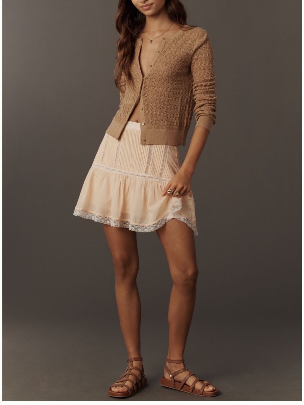 🟤NWT ANTHROPOLOGIE Lace Frill Mini Skirt in Light Coral SMALL